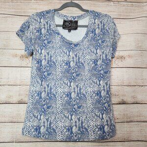 CHI by FALCHI Size XS Blue Snake Print Short Sleeve Blouse Pockets